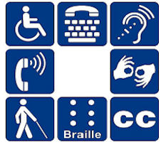 symbols showing a wheel chir, sign language and captioning